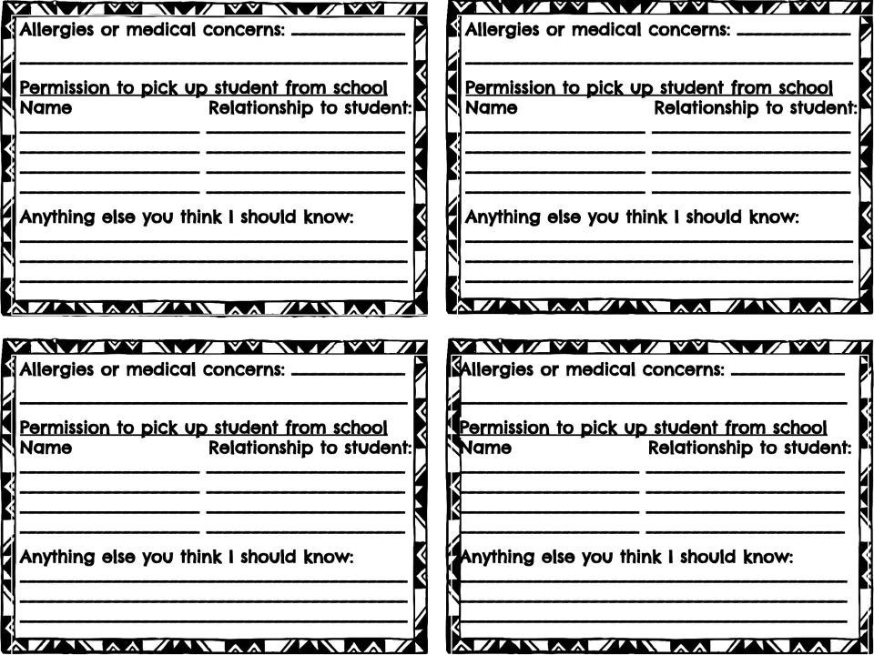Contact card back: families list allergies or medical concerns, people allowed to pick up the student, and other notes