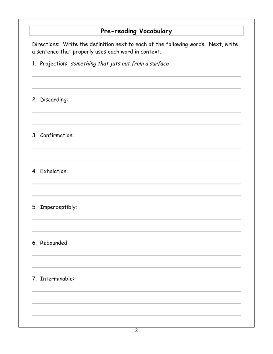 Pre-reading vocabulary items 1–7 ask for definitions and sentences, including projection and discarding.