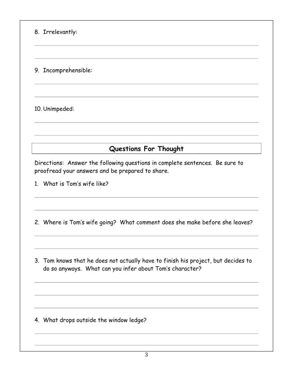 Vocabulary items 8–10 precede reading questions 1–4 about Tom’s wife, his character, and the window ledge.