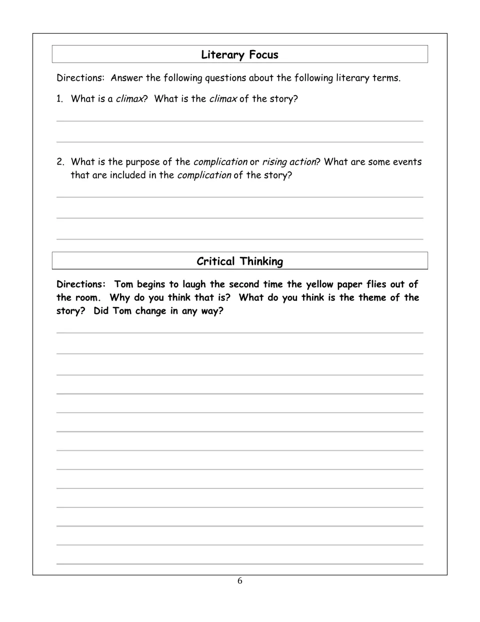 Final packet tasks examine climax and rising action, then ask about Tom’s laughter, change, and story theme.