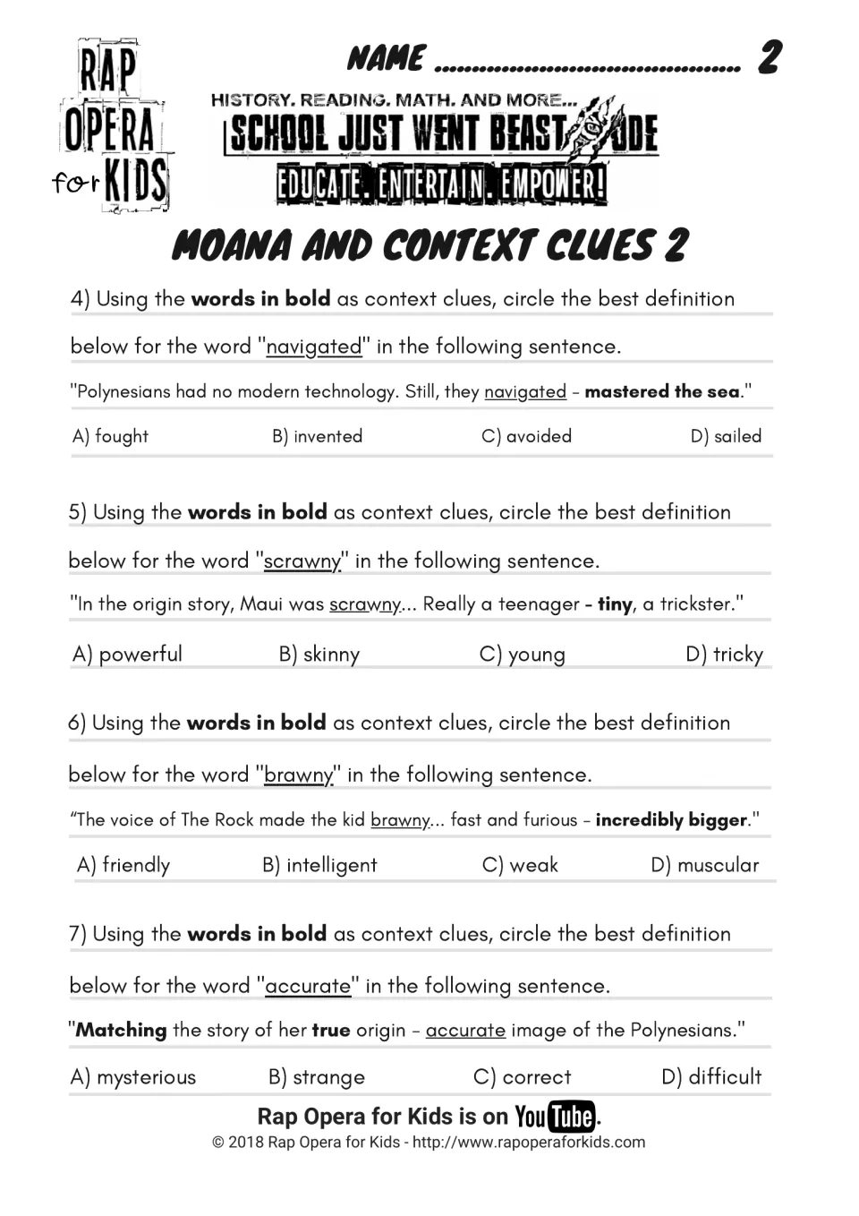 Moana and Context Clues 2: students use bold clues to define navigated, scrawny, brawny and accurate