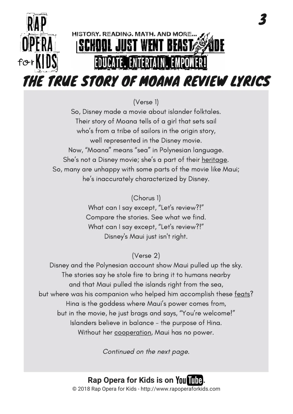 The True Story of Moana Review lyrics, verses 1 and 2: comparing Disney's Maui with Polynesian stories of Hina