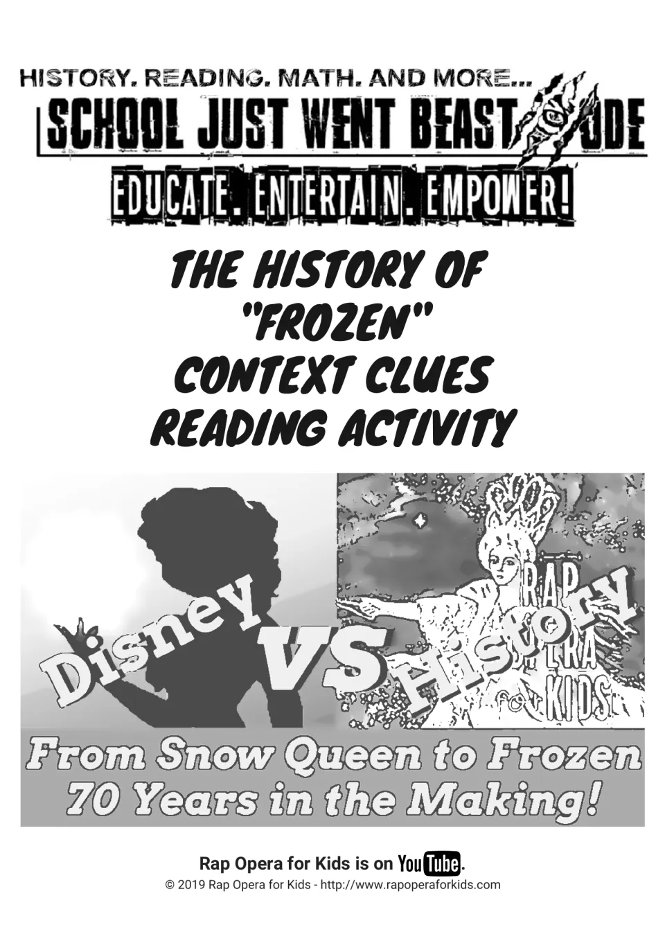 Cover for a Frozen history context clues reading activity, introducing its origins in The Snow Queen