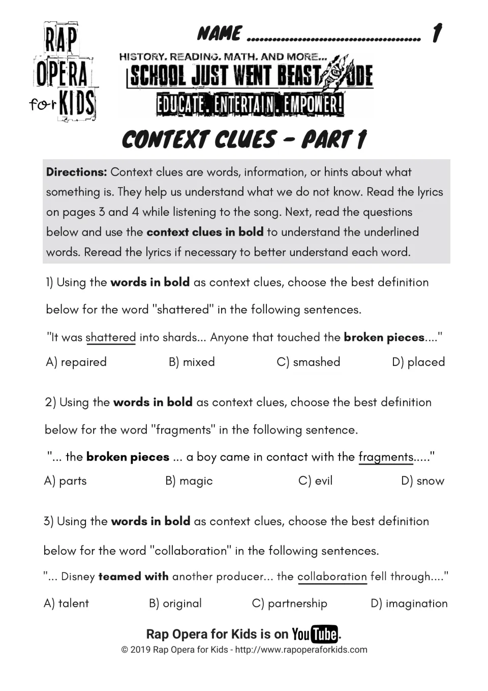 Context clues Part 1: questions 1–3 use bold clues to define shattered, fragments, and collaboration