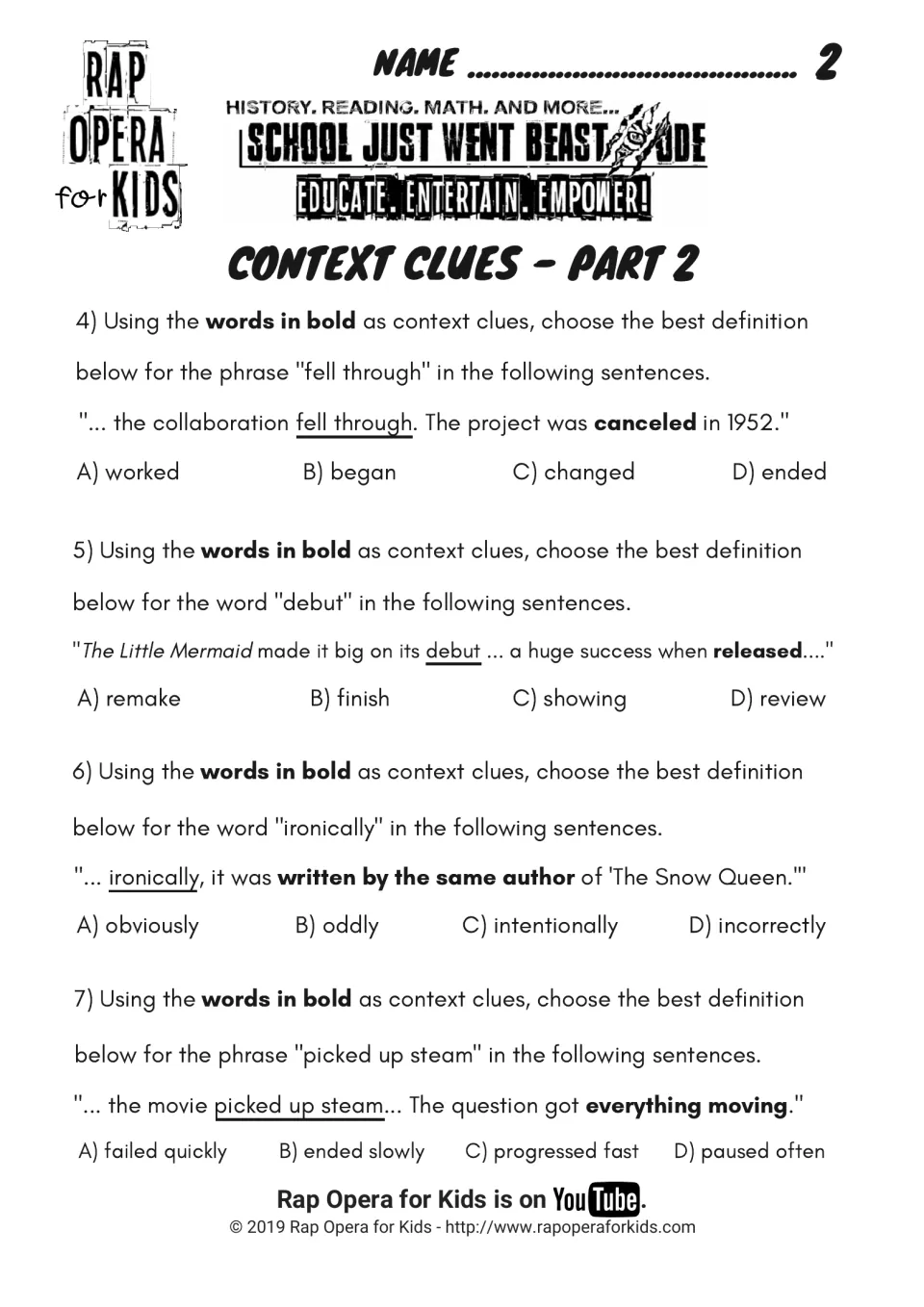 Context clues Part 2: questions 4–7 ask about fell through, debut, ironically, and picked up steam