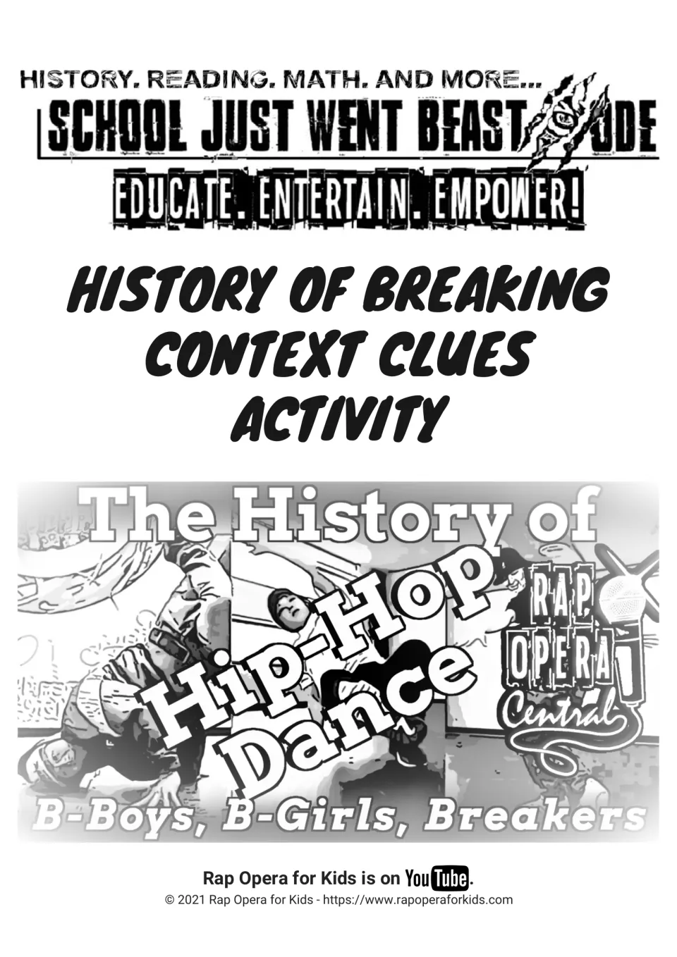 Cover of the breaking history context clues activity featuring hip-hop dance, B-Boys, B-Girls, and breakers