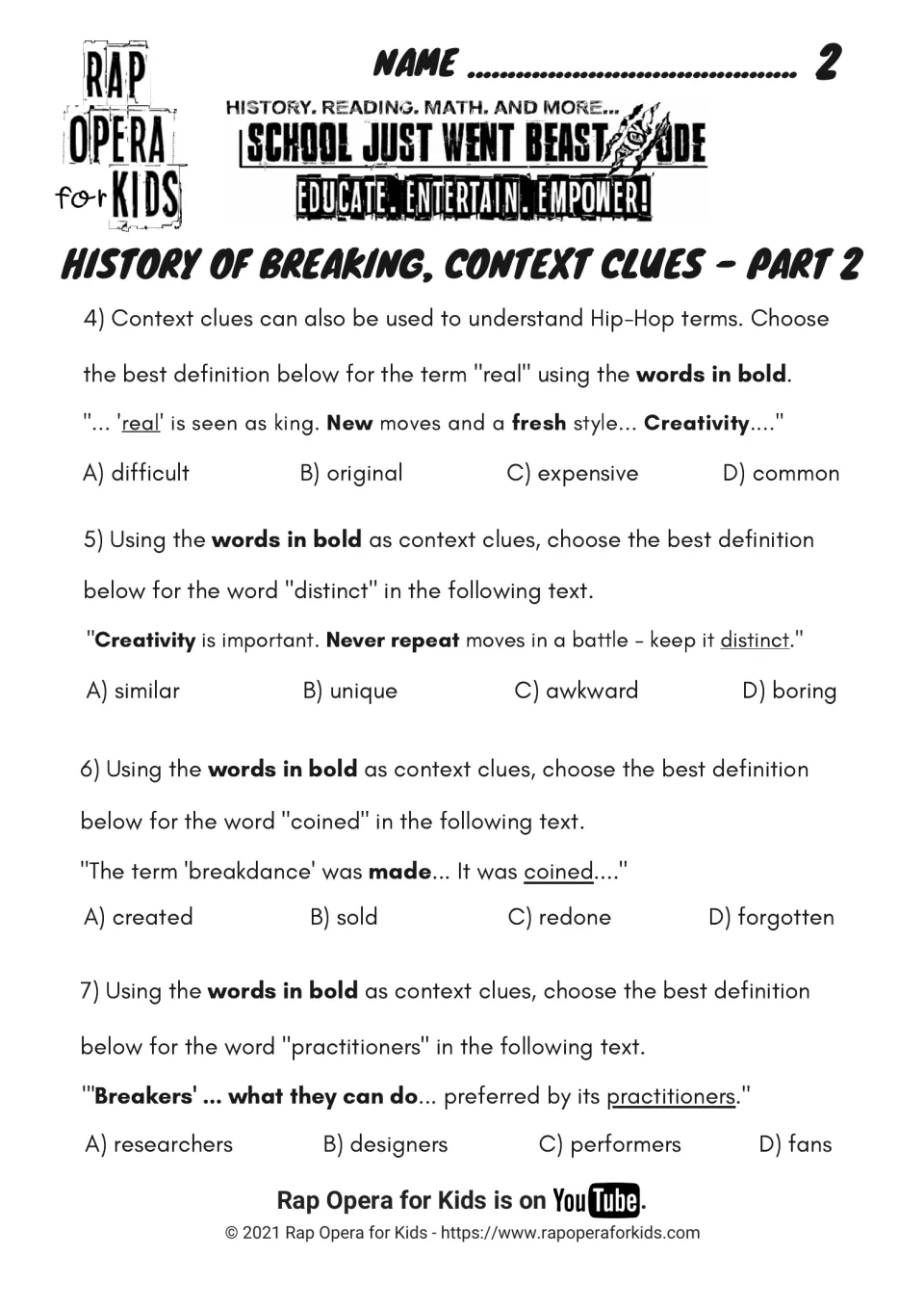 Context clues Part 2: questions 4–7 ask students to define real, distinct, coined, and practitioners