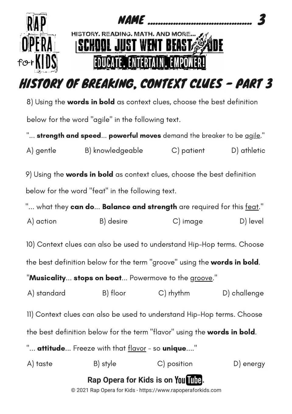 Context clues Part 3: questions 8–11 ask students to define agile, feat, groove, and flavor from lyrics