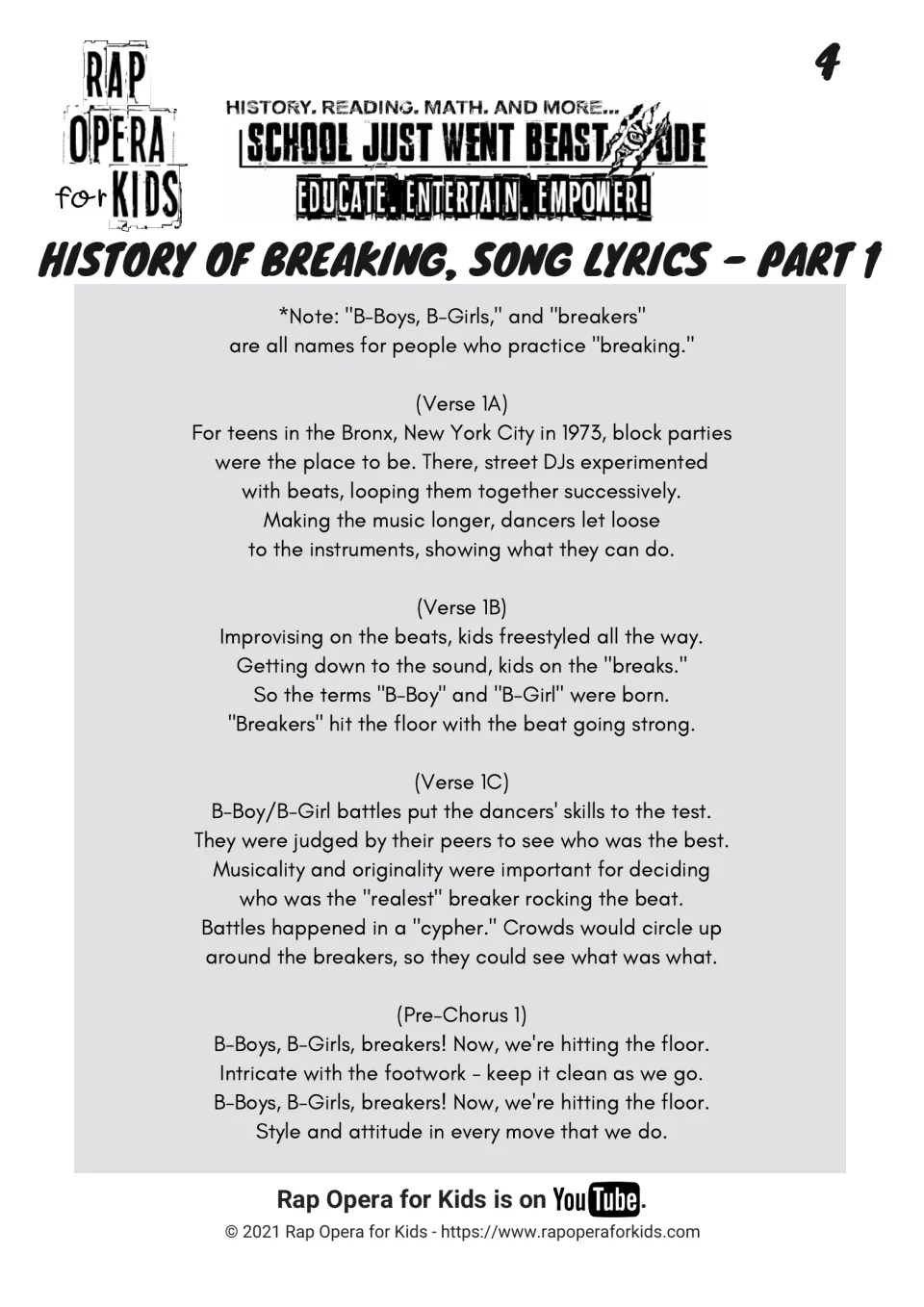 Breaking song lyrics Part 1 describe Bronx block parties, DJ beats, B-Boys, B-Girls, battles, and cyphers