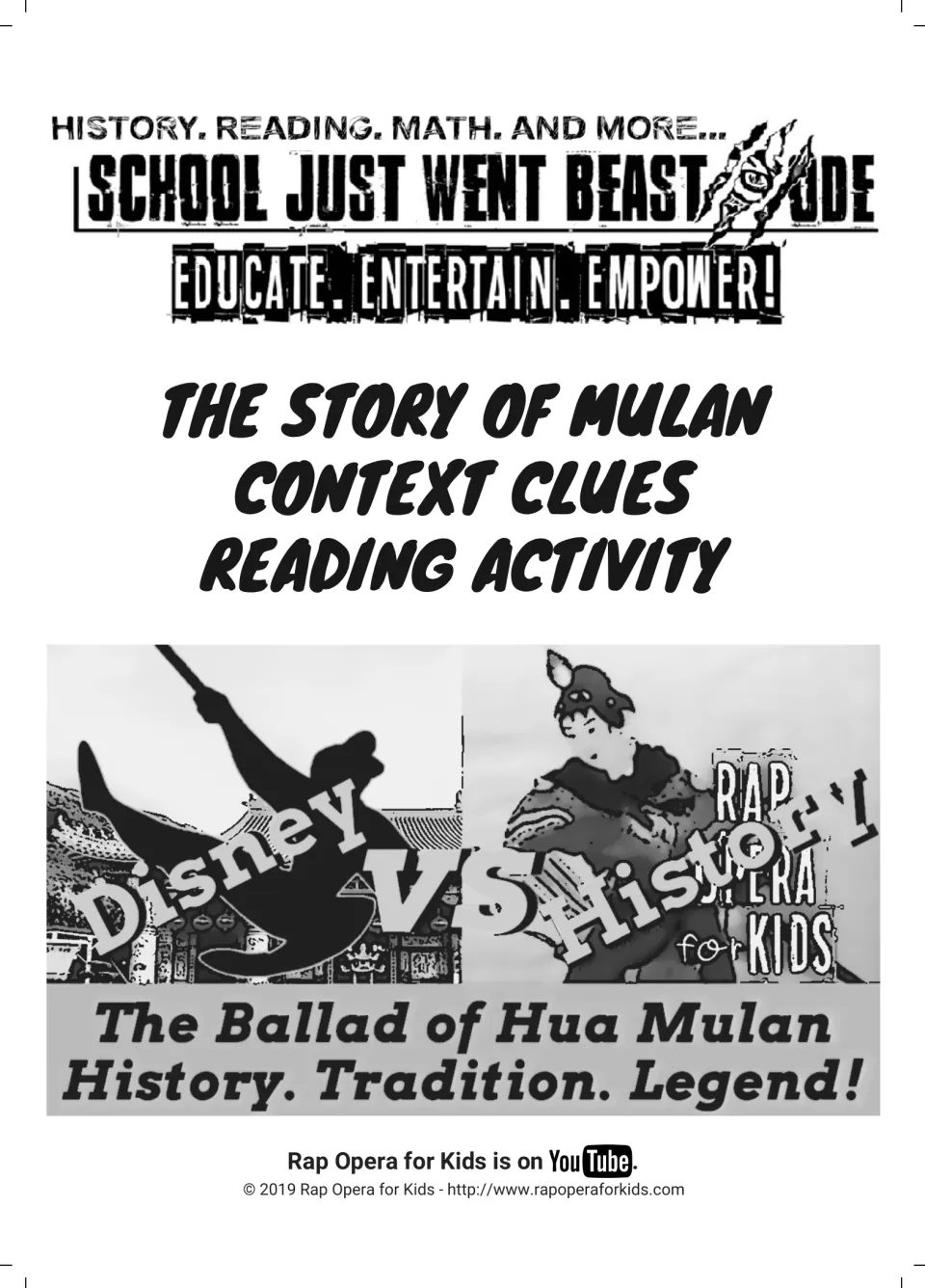 Mulan context clues reading activity cover with a Disney vs. History banner for The Ballad of Hua Mulan