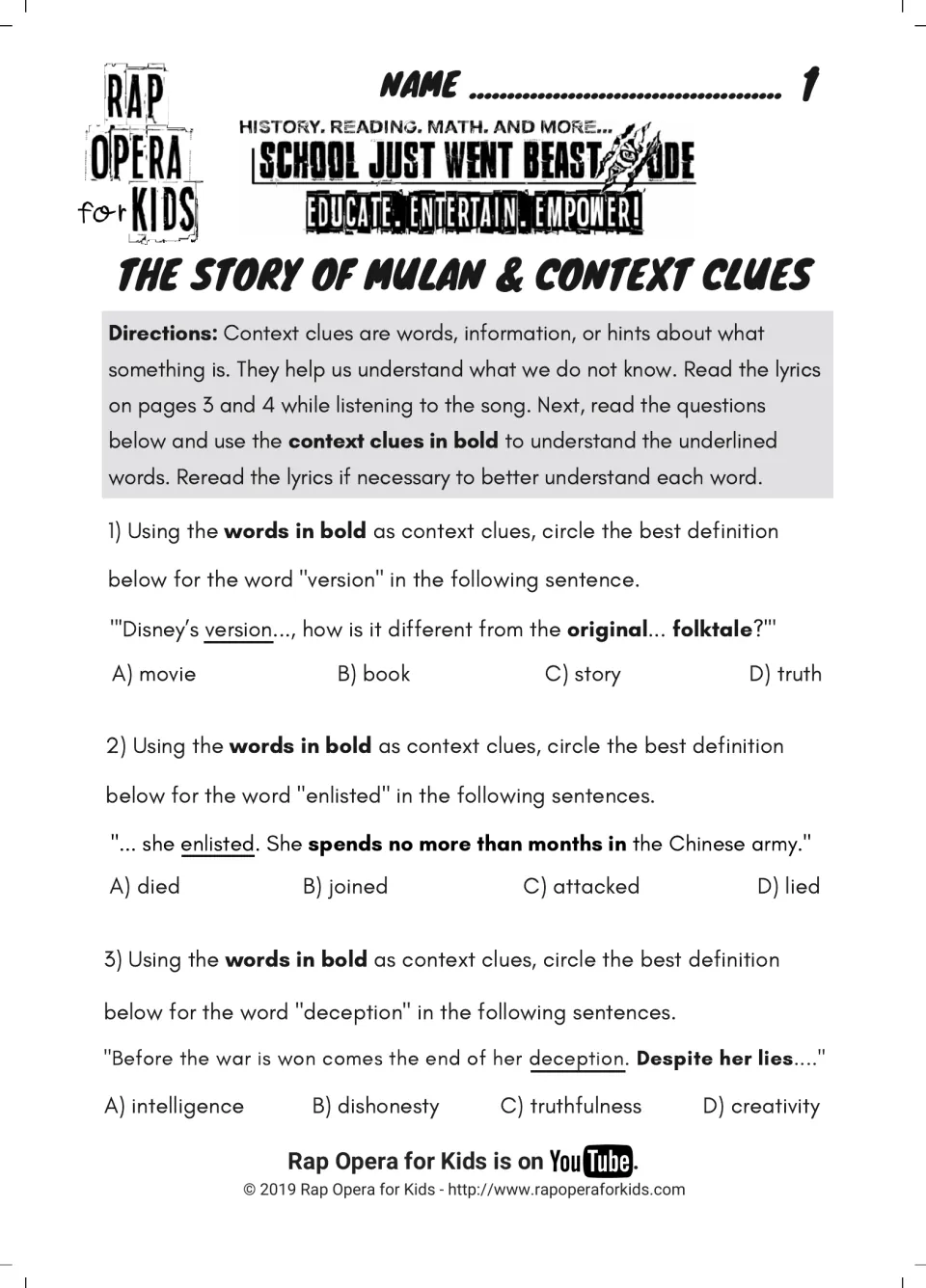 Context clues, part 1: students circle the best meaning of version, enlisted and deception using bold clue words