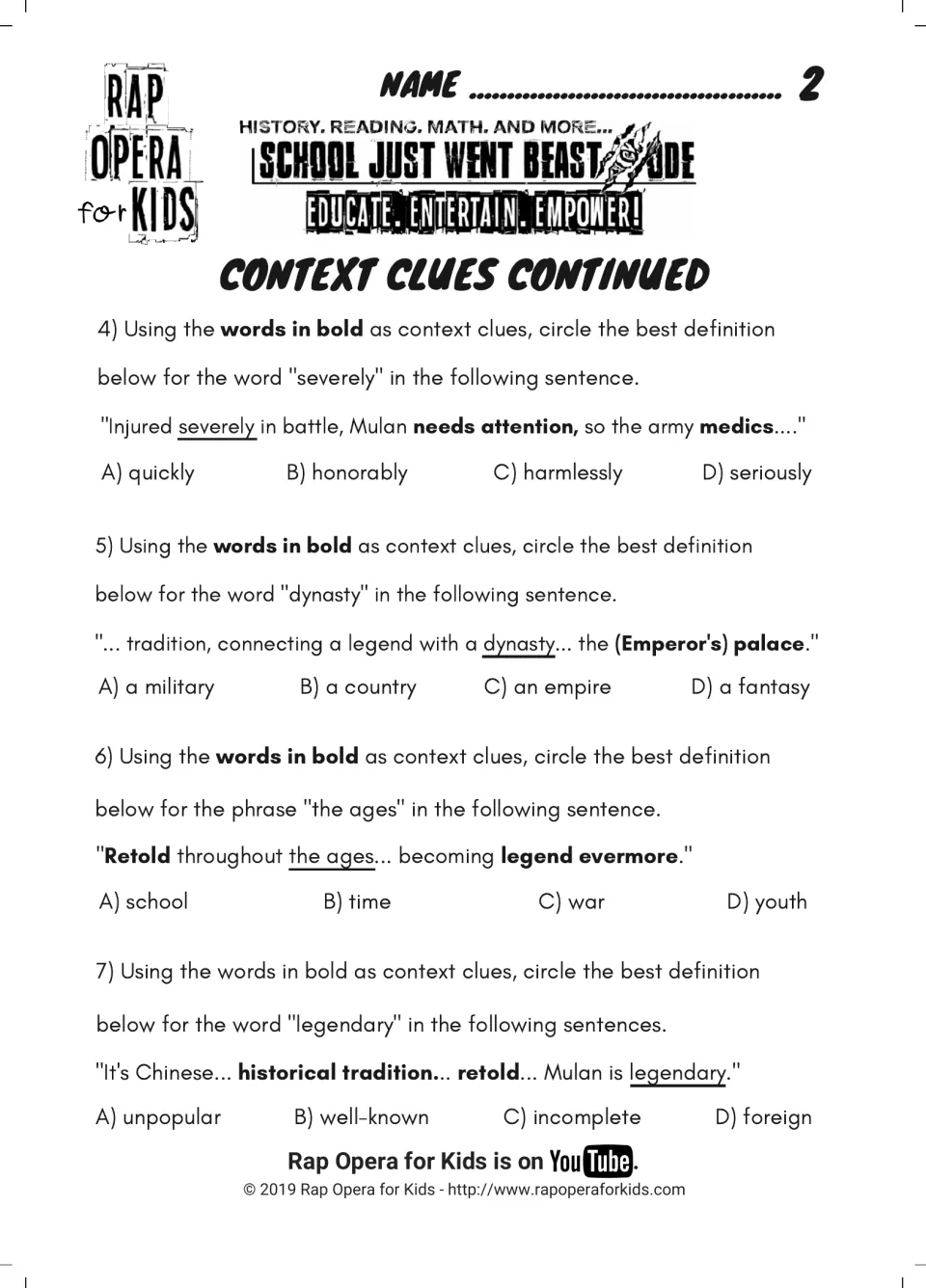 Context clues continued: students pick definitions for severely, dynasty, the ages and legendary from Mulan lyric lines