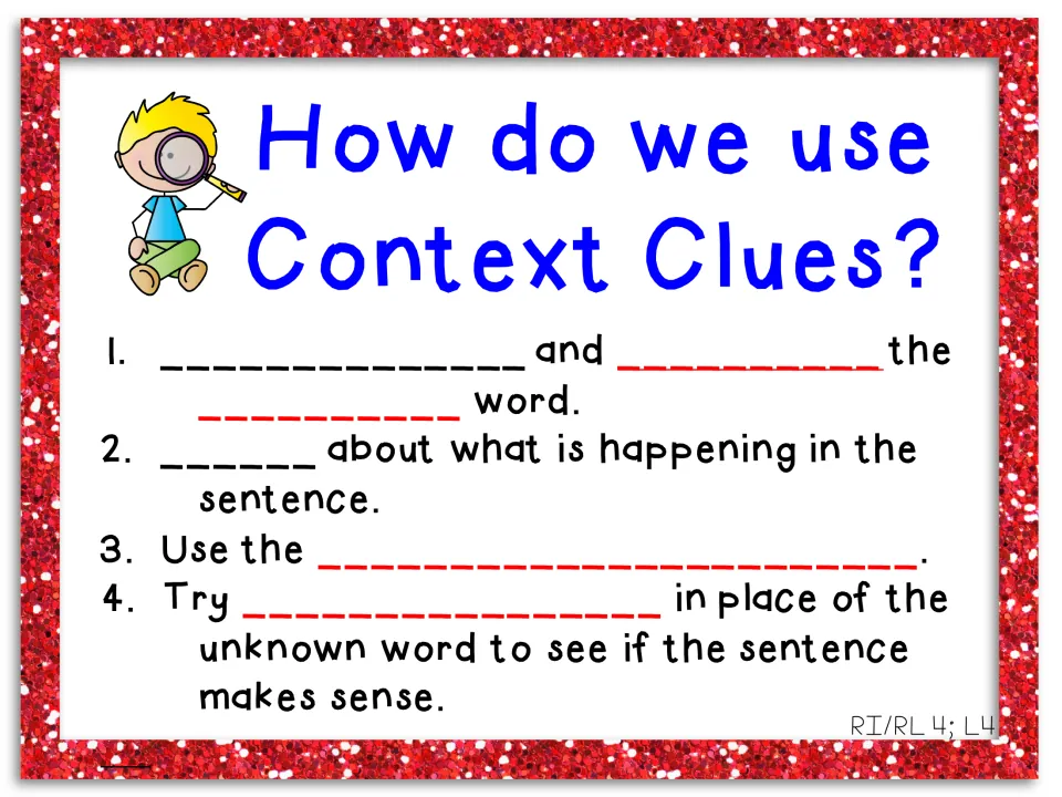 Fill-in context clues chart reviewing how to read, mark an unknown word, think, and try replacement words.