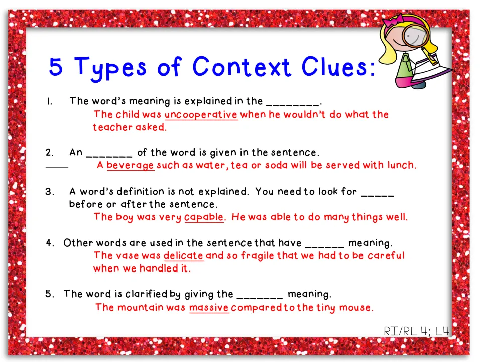 Five types of context clues chart with blanks and examples using uncooperative, beverage, capable, and two more.