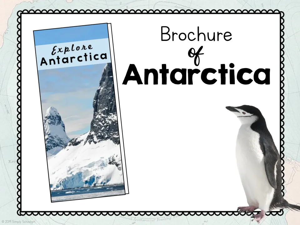 Cover of the Antarctica brochure resource, titled 'Brochure of Antarctica,' showing a sample brochure