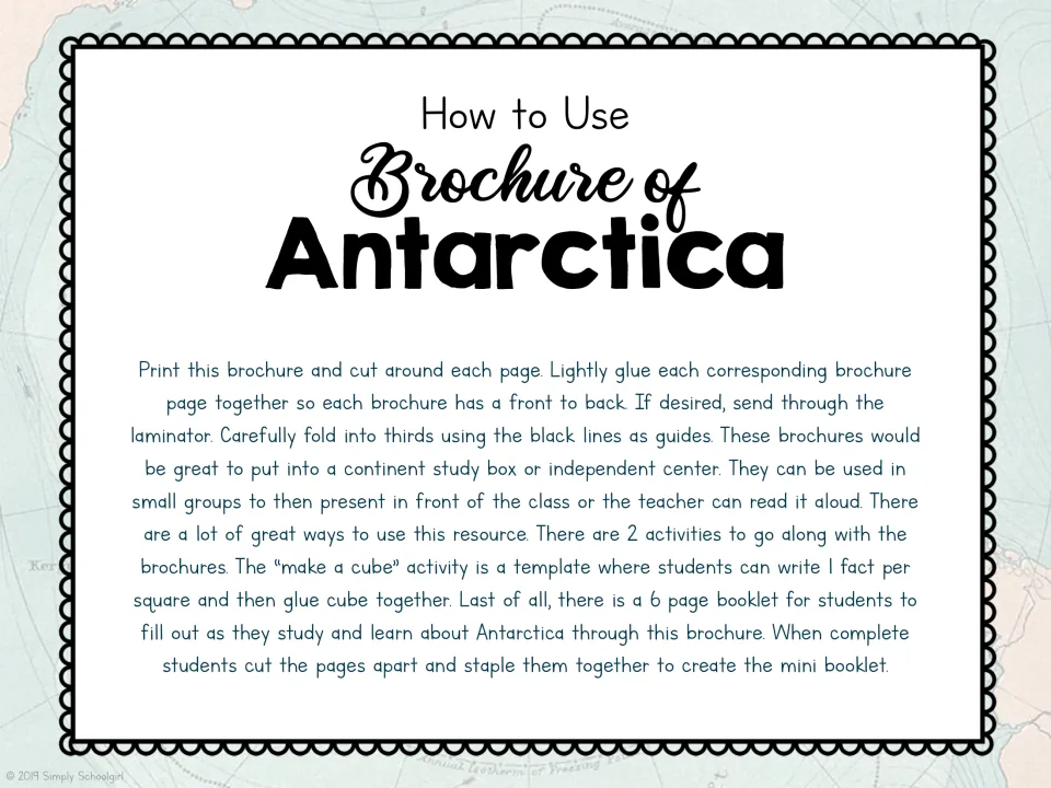 Brochure instructions explain printing, folding into thirds, classroom uses, a fact cube, and a mini booklet