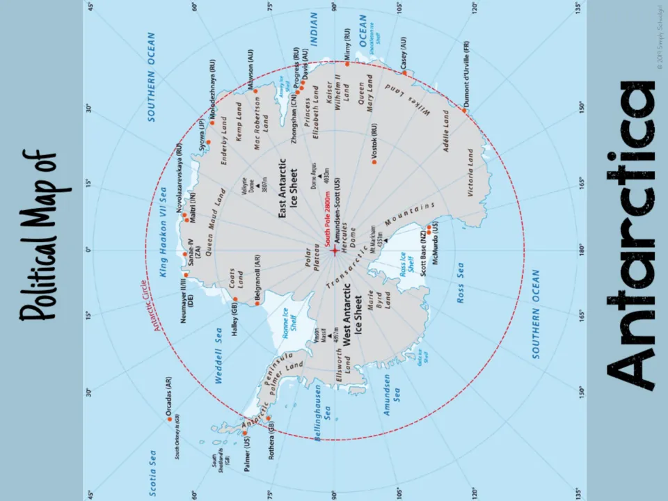 Political map for the Antarctica unit labels research stations, ice sheets, surrounding seas, and the South Pole