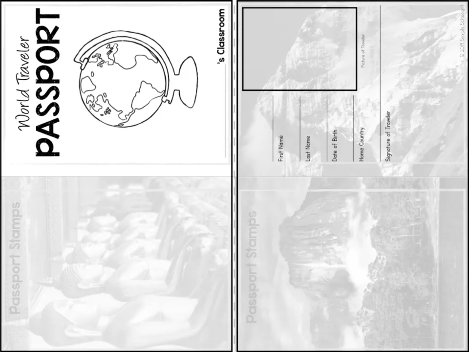 Student passport sheet includes a World Traveler cover, traveler details, and two passport stamp pages