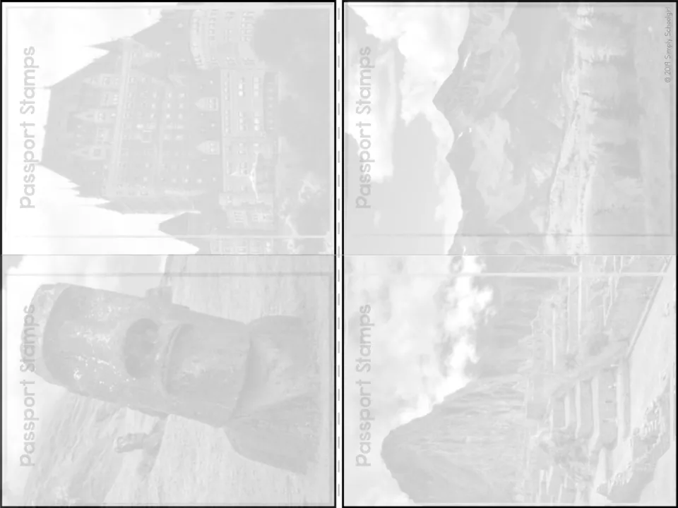 Four additional passport stamp pages for the unit's student passport feature photographs of world landmarks