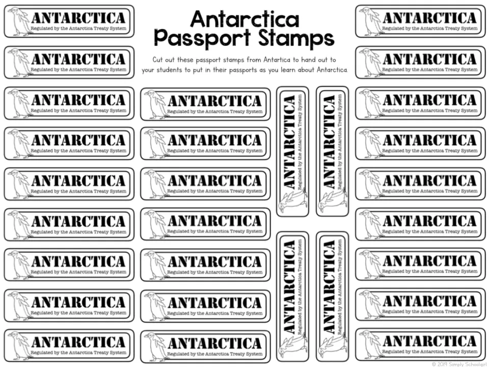 Cutout Antarctica passport stamps read 'Regulated by the Antarctica Treaty System' for students' passports