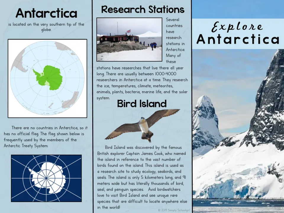 Metric brochure exterior introduces Antarctica's location, a treaty flag, research stations, and Bird Island