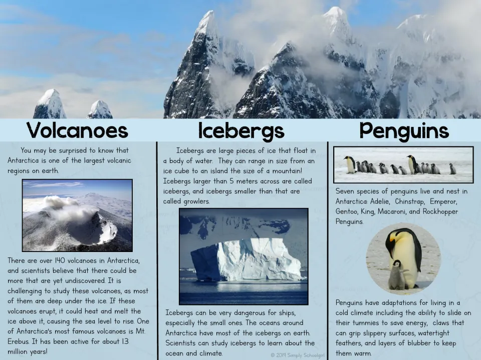 Metric brochure interior covers Antarctica's volcanoes, iceberg sizes, penguin species, and cold adaptations