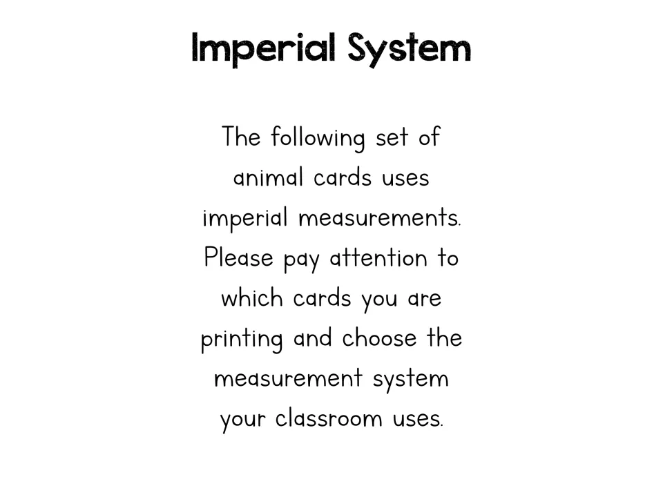 Imperial System divider tells teachers to choose cards using the measurement system their classroom uses