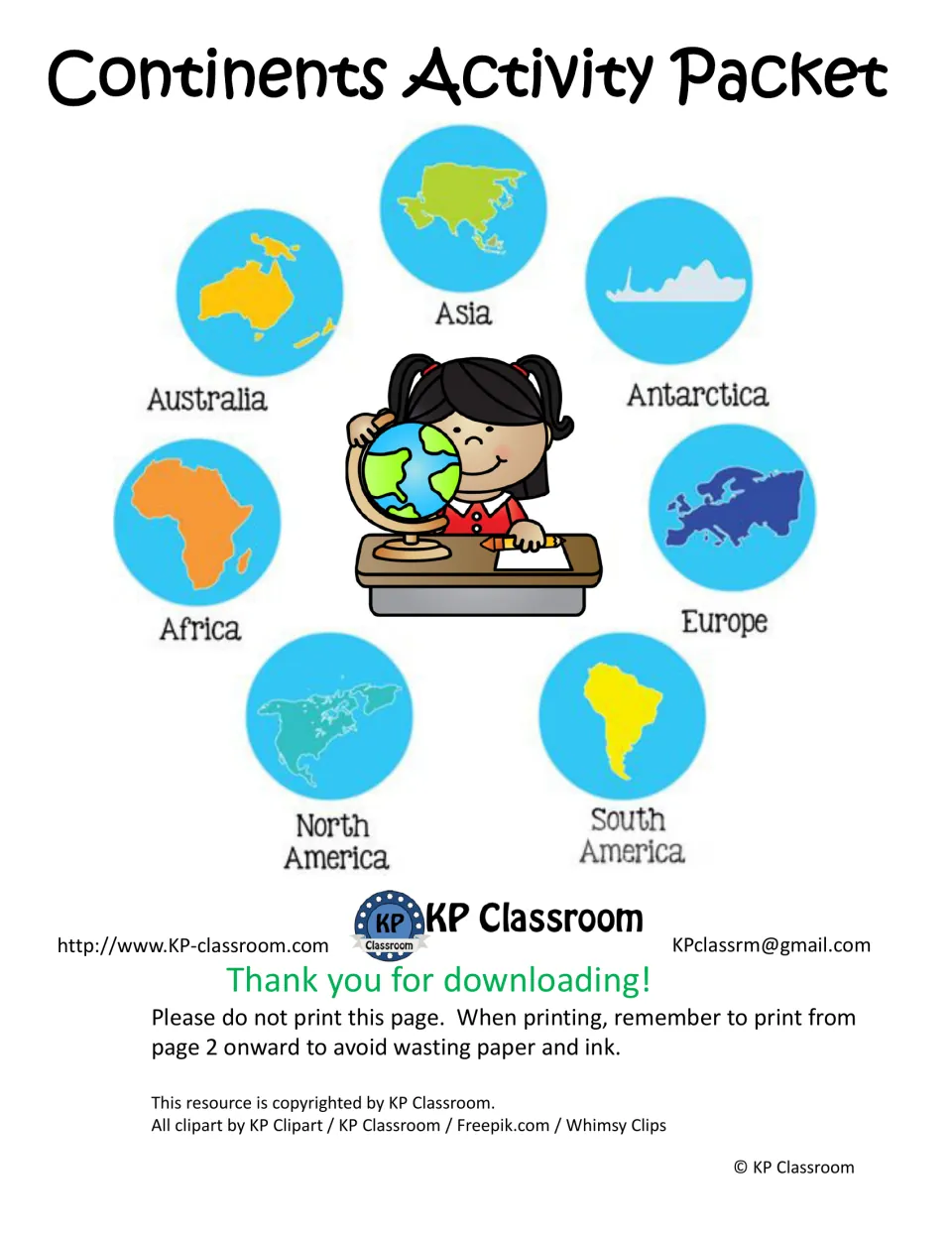 Continents Activity Packet cover naming all seven continents and directing users to print from page 2