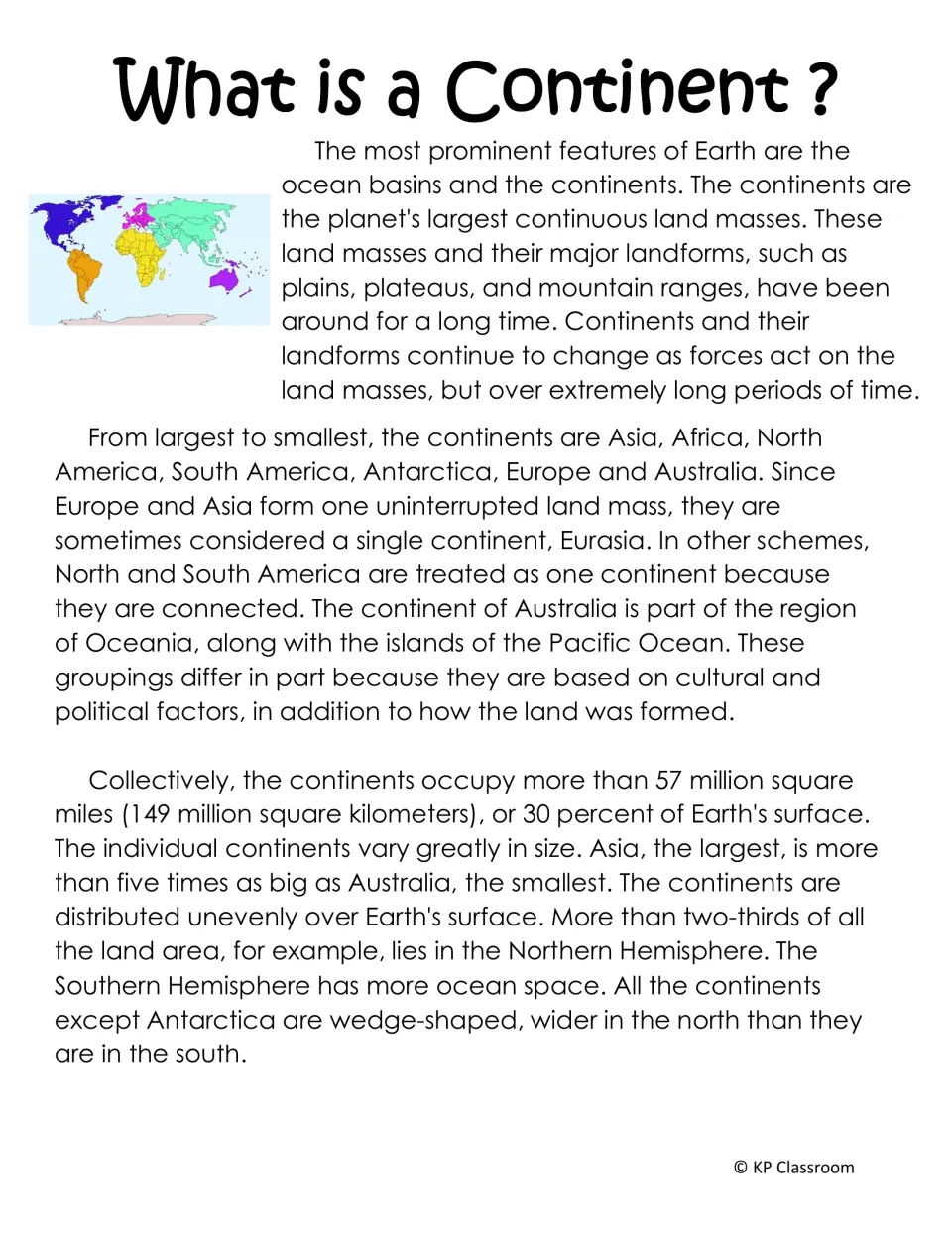 Introductory reading defines continents and explains their sizes, groupings, landforms, and distribution
