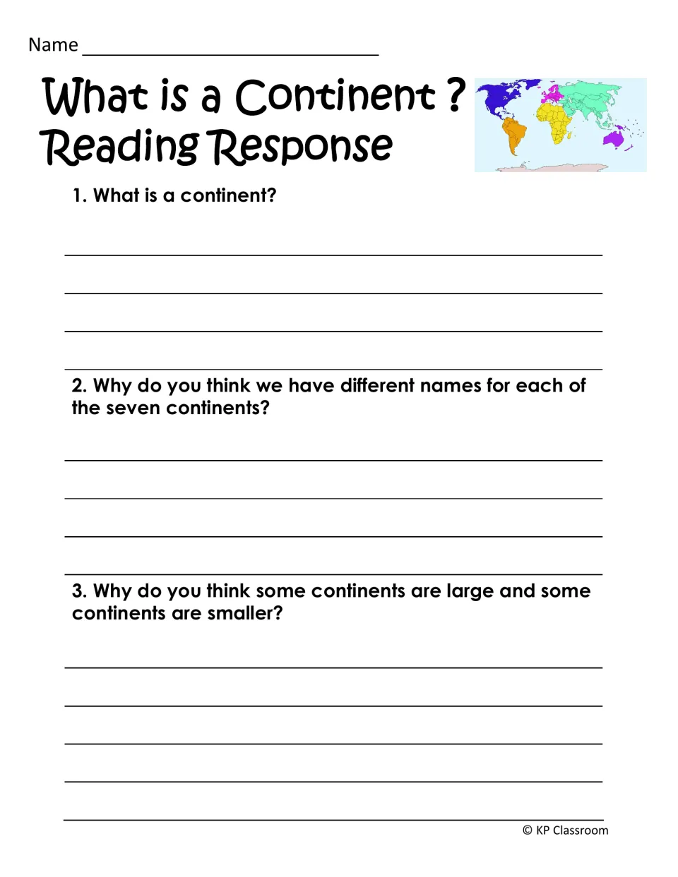 Reading response asks three questions about what continents are, why they have names, and their sizes