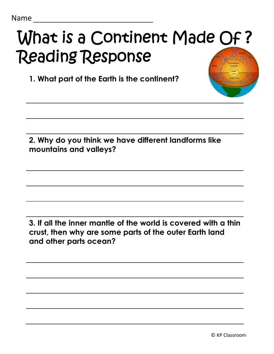 Reading response asks three questions about continents as part of Earth, landforms, and land versus ocean
