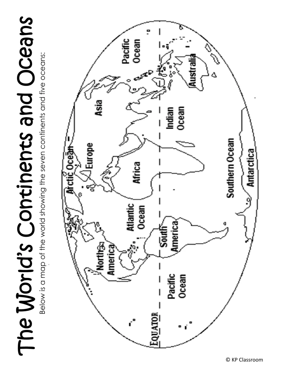 World map reference labels the seven continents, five oceans, and equator within the continents packet