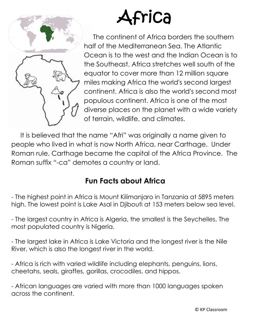 Africa reading covers location, size, name origins, and facts about landmarks, countries, wildlife, and languages
