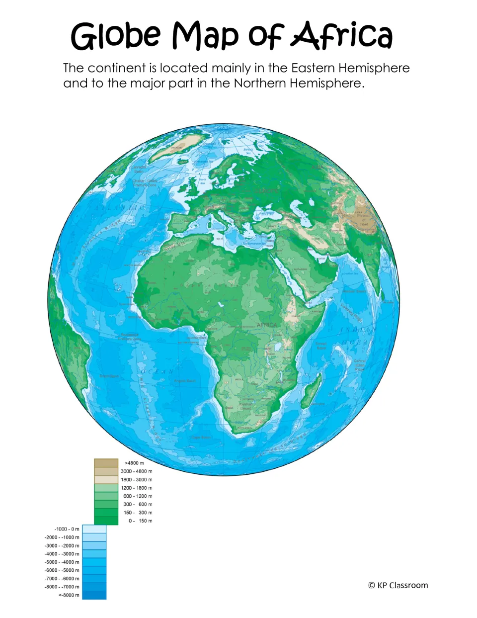 Africa globe map shows its location, surrounding land and oceans, and a key for elevation and ocean depth