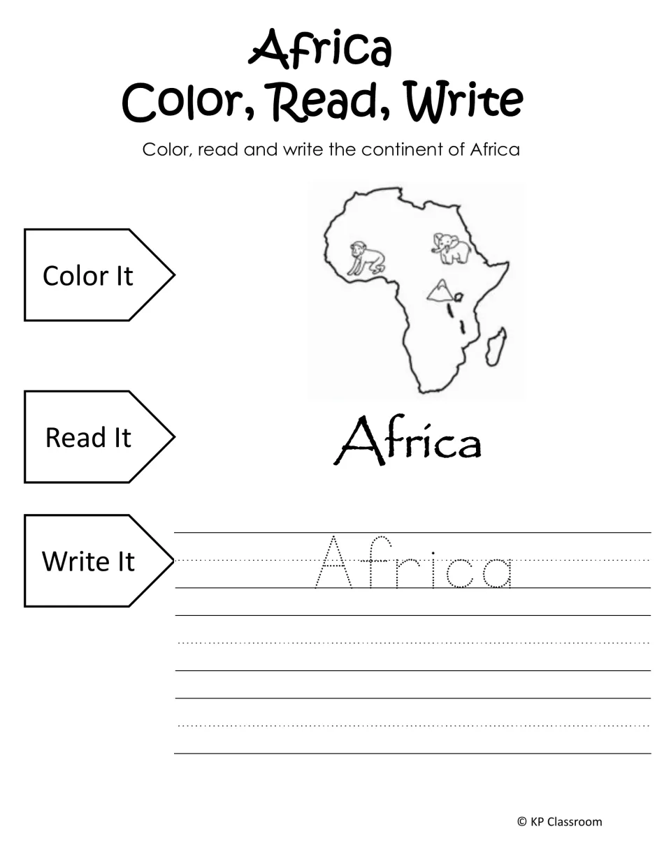 Africa activity asks students to color the continent outline, read its name, and trace and write Africa