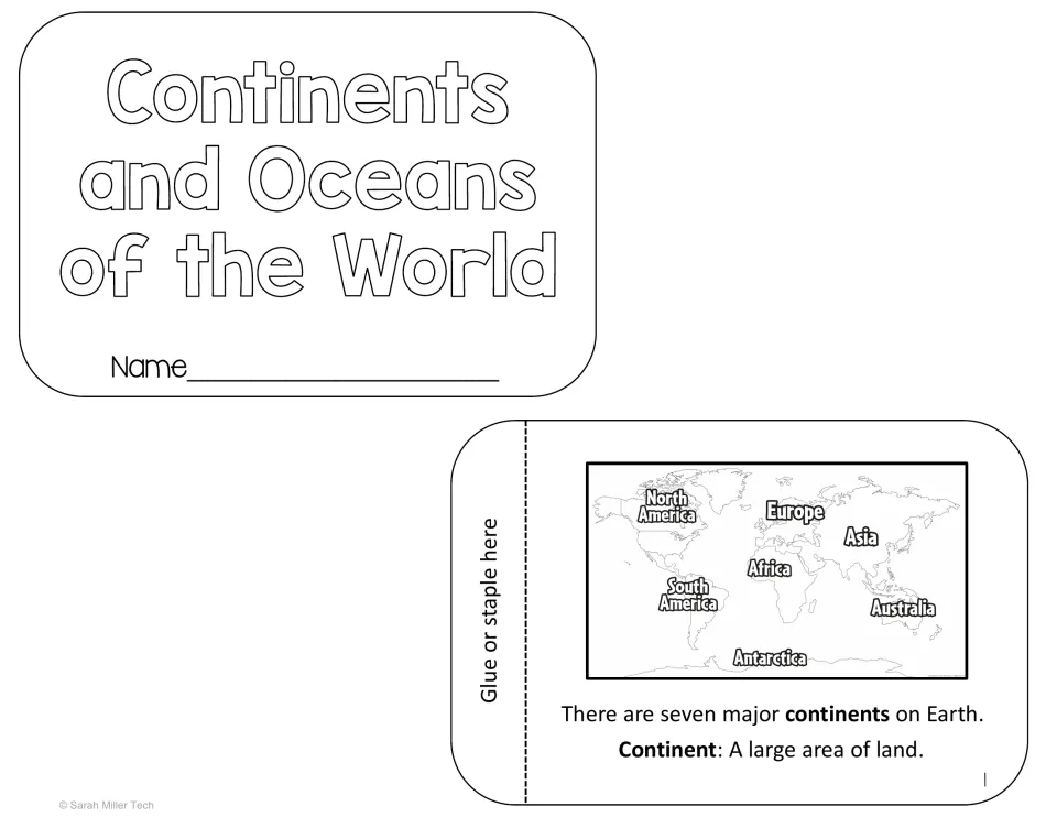 Continents and oceans flipbook cover with name line, plus page 1 world map labelling all seven continents and a definition