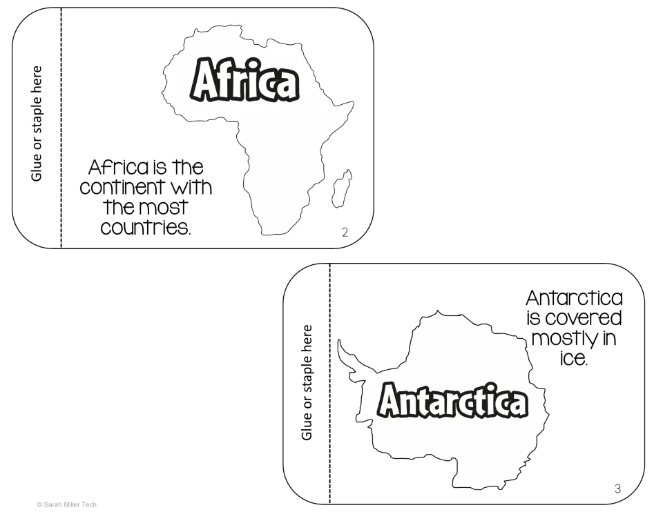 Flipbook pages 2 and 3: Africa outline, the continent with the most countries, and Antarctica, covered mostly in ice