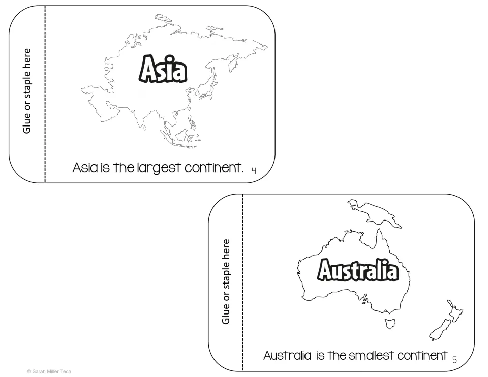 Flipbook pages 4 and 5: Asia outline labelled the largest continent and Australia outline labelled the smallest continent