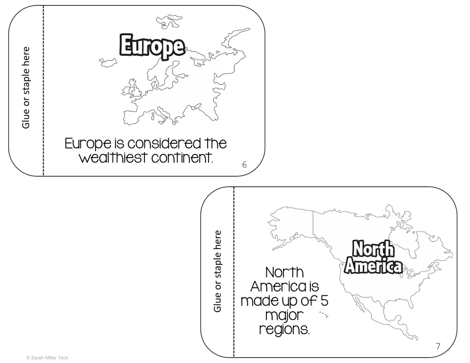 Flipbook pages 6 and 7: Europe map with a wealth fact and North America map noting the continent's five major regions