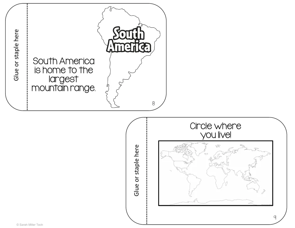 Flipbook pages 8 and 9: South America with its mountain range fact, then a blank world map where students circle their home