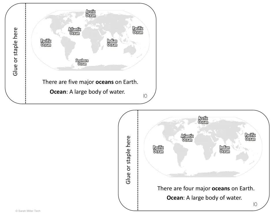 Oceans intro flipbook page 10 in two versions: world map labelling five oceans or four oceans, with an ocean definition