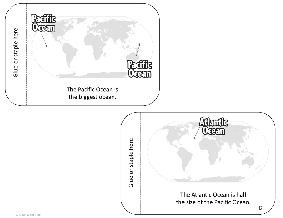 Flipbook pages 11 and 12: world maps with arrows to the Pacific, the biggest ocean, and the Atlantic, half its size