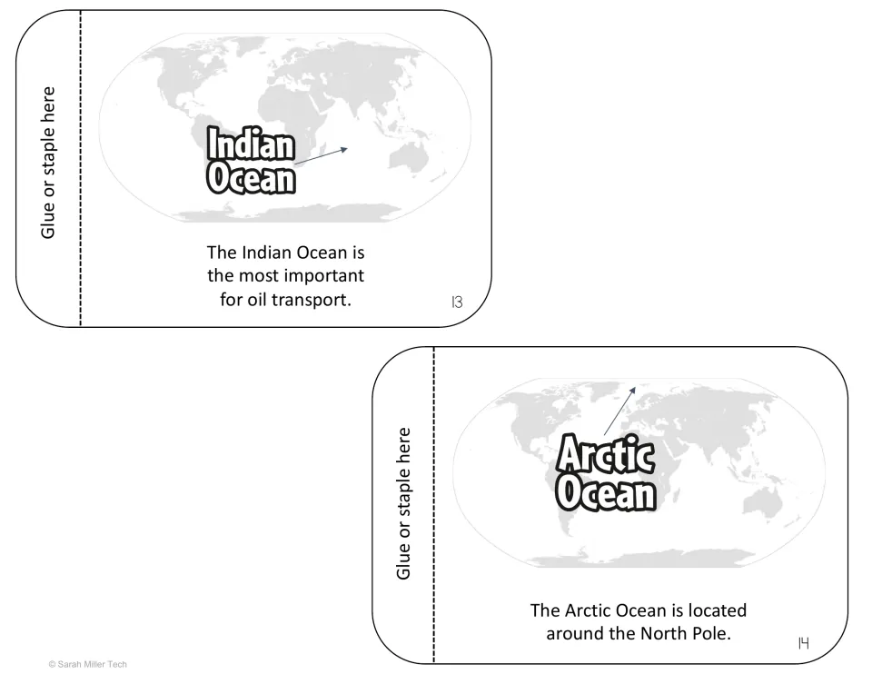 Flipbook pages 13 and 14: arrows locate the Indian Ocean, noted for oil transport, and the Arctic Ocean at the North Pole