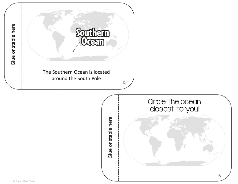Flipbook pages 15 and 16: Southern Ocean around the South Pole, then an unlabeled world map to circle the nearest ocean