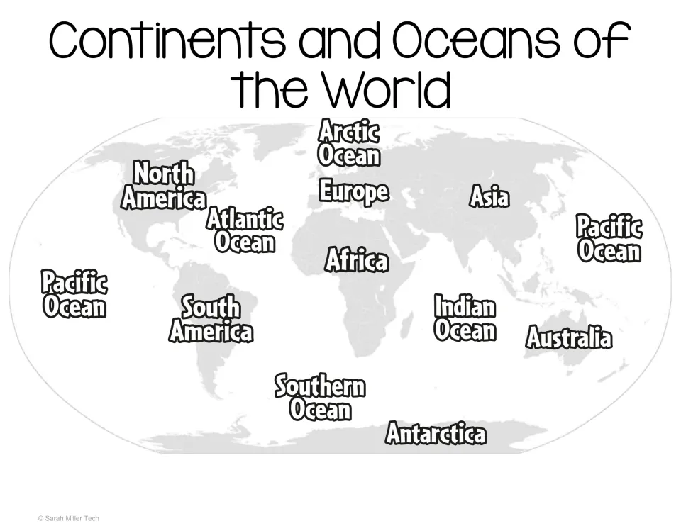 World map reference labelling all seven continents and five oceans under the heading Continents and Oceans of the World