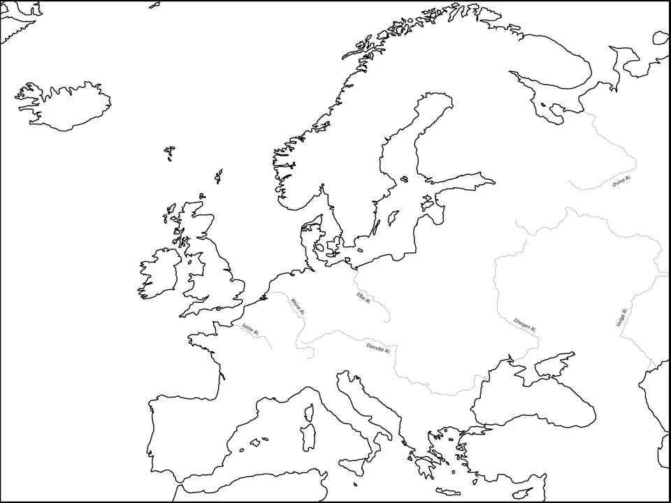Europe rivers map labeling the Seine, Rhine, Elbe, Danube, Dnieper, Volga and Dvina for map reading practice