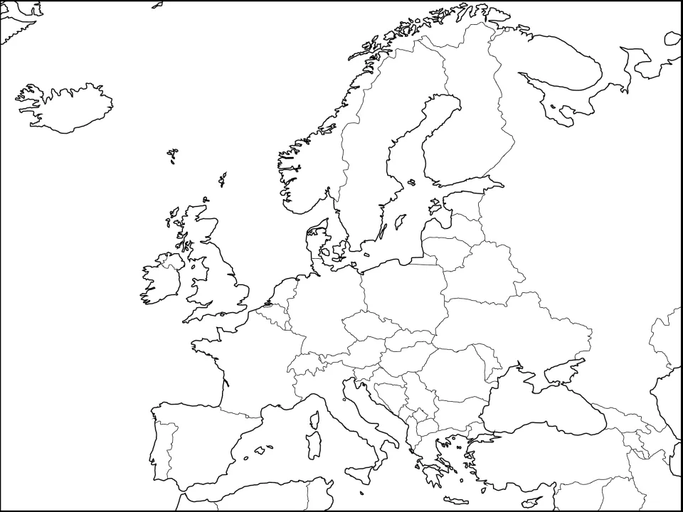 Blank political map of Europe with country borders but no names, for students to practise labeling the countries