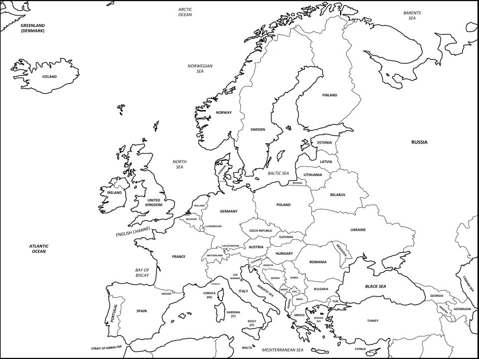 Labeled political map of Europe naming countries like France and Poland and seas like the Baltic and Black Sea