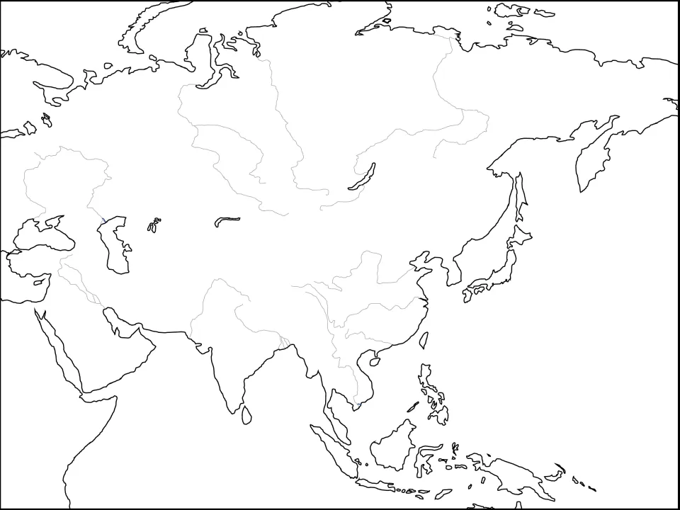 Asia outline map with major rivers traced in gray and left unnamed, for students to identify and label each river