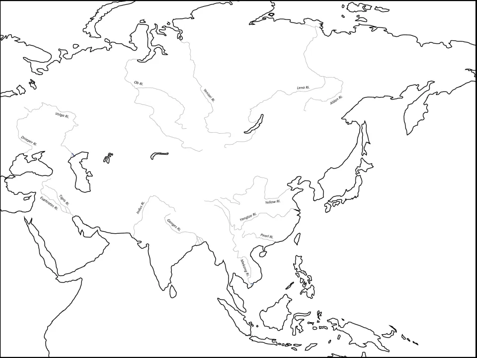 Asia rivers map labeling the Ob, Lena, Yangtze, Yellow, Ganges, Indus, Mekong, Tigris and Euphrates rivers